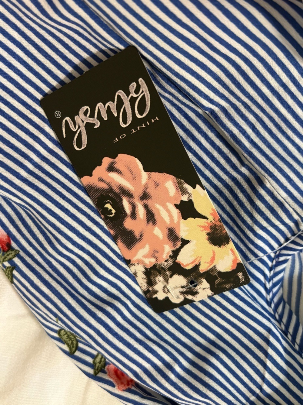 Hint of Blush Blue White Stripe Floral Cold Shoulder Ruffle Dress Size Large NWT - Picture 10 of 11